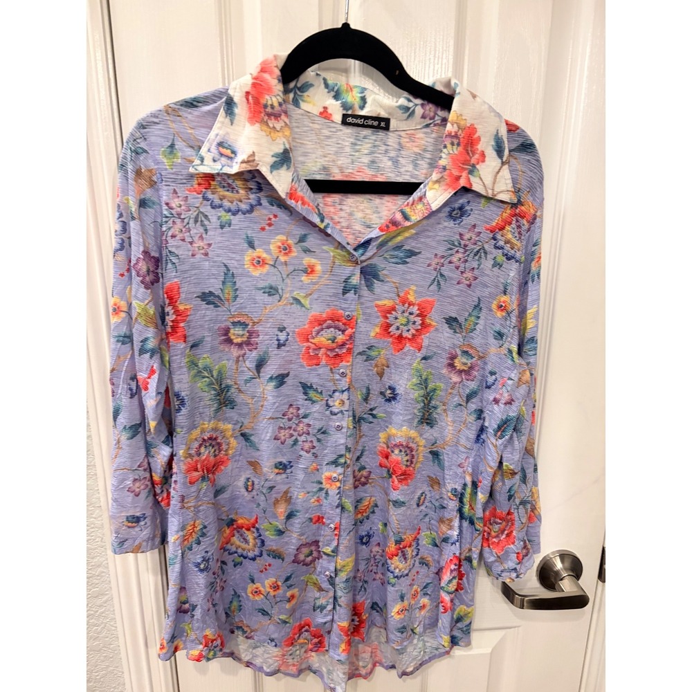 David Cline Button Down Purple Floral Crinkle 3/4 Sleeve Blouse Top XL